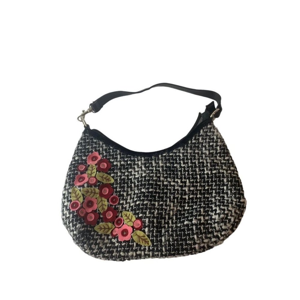 Black and White Tweed Shoulderbag Floral Applique 8"h x 11.5"w